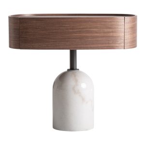 Mesita de noche Mens de estilo contemporáneo, fabricado en madera contrachapada en color nogal, combinado con polipiel en color negro y mármol en color blanco roto.