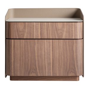 Mesita de noche Vizille de estilo contemporáneo, fabricado en madera contrachapada en color nogal, combinado con polipiel en color beige y vidrio en color blanco.