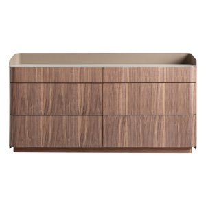 Cómoda Vizille de estilo contemporáneo, fabricado en madera contrachapada en color nogal, combinado con polipiel en color beige y vidrio en color blanco.