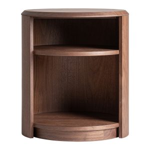 Mesita de noche Allevard de estilo contemporáneo, fabricado en madera contrachapada en color nogal.