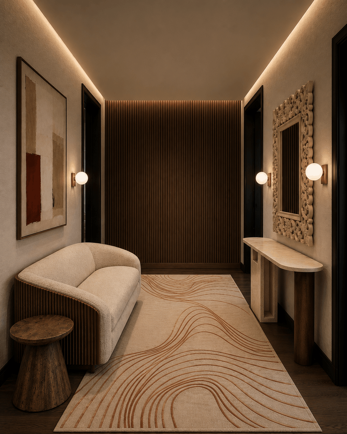 Espacios Iluhome: recibidor Quiet Luxury con travertino y madera acanalada
