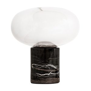 Lámpara de sobremesa eira de estilo art deco, fabricado en cristal en color plata con acabado ahumado, combinado con mármol en color negro.