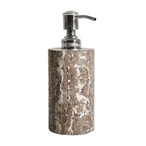 Jabonera Avrig de estilo contemporáneo, fabricado en travertino en color marrón, combinado con acero en color plata.