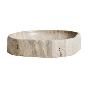 Centro de mesa Motrus de estilo contemporáneo, fabricado en travertino en color crema.