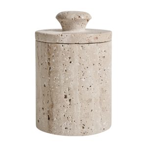 Caja Motrus de estilo contemporáneo, fabricado en travertino en color crema.