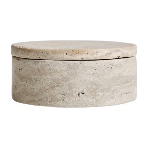 Caja Motrus de estilo contemporáneo, fabricado en travertino en color crema. Producto desmontable.