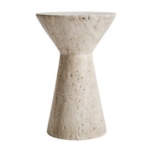Mesa auxiliar Motrus de estilo contemporáneo, fabricado en travertino en color crema.