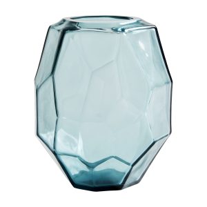 Jarrón Izsak de estilo contemporáneo, fabricado en vidrio en color azul con acabado traslúcido.