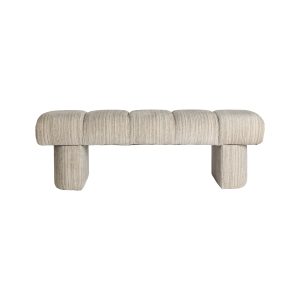 Pie de cama Meiz de estilo contemporáneo, fabricado en poliéster en color gris, combinado con madera dm y espuma. Producto desmontable.