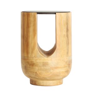 Mesa auxiliar Tarbes de estilo contemporáneo, fabricado en madera de mango en color marrón claro, combinado con mármol en color negro.