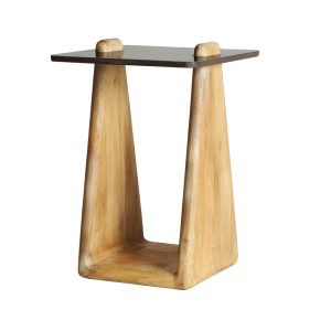 Mesa auxiliar Orthez de estilo contemporáneo, fabricado en madera de mango en color marrón claro, combinado con mármol en color negro.