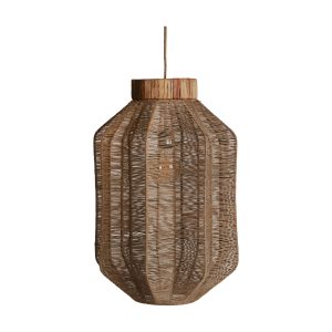 Lámpara de colgar Dagny de estilo boho, fabricado en algodón en color marrón, combinado con hierba marina en color marrón y hierro.