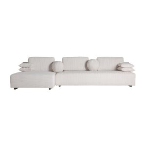 Sofá traun de estilo contemporáneo, fabricado en madera de pino en color negro, combinado con madera de caucho y poliéster en color blanco roto. Producto desmontable, desenfundable.