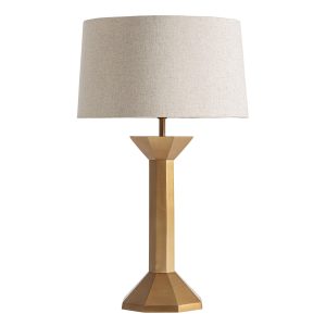 Lámpara de sobremesa, fabricado en aluminio en color dorado, combinado con lino.
