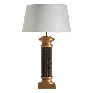 Lámpara de sobremesa, fabricado en aluminio en color dorado, combinado con polipiel y poliéster.