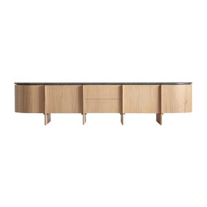 Aparador Nara de estilo contemporáneo, fabricado en madera roble en color marrón claro, combinado con mármol en color negro.