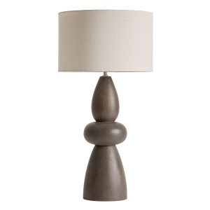 Lámpara de sobremesa Cinzia de estilo contemporáneo, fabricado en madera de mango en color marrón, combinado con poliéster en color beige. Producto desmontable.