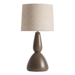 Lámpara de sobremesa Cinzia de estilo contemporáneo, fabricado en madera de mango en color marrón, combinado con lino en color blanco roto. Producto desmontable.