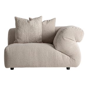 Módulo sofá esquinero, fabricado en poliéster en color blanco roto, combinado con madera de alerce y espuma.