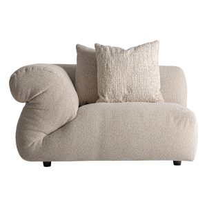 Módulo sofá esquinero, fabricado en poliéster en color blanco roto, combinado con madera de alerce y espuma.