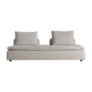 Módulo sofá central, fabricado en poliéster en color blanco roto, combinado con madera de alerce y espuma.