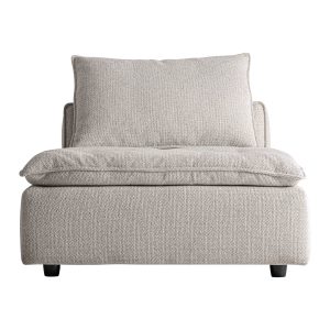 Módulo sofá central, fabricado en poliéster en color blanco roto, combinado con madera de alerce y espuma.