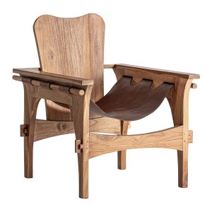 Sillón Okany de estilo contemporáneo, fabricado en madera de teka en color marrón, combinado con piel en color marrón.