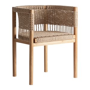 Silla Jarlan de estilo boho, fabricado en madera de teka en color marrón claro, combinado con cuerda sintética.