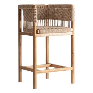Taburete Jarlan de estilo boho, fabricado en madera de teka en color marrón claro, combinado con cuerda sintética.