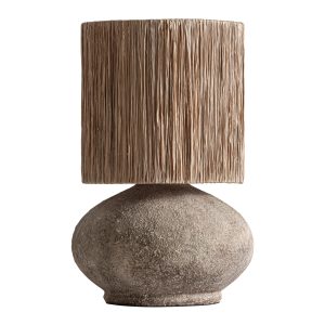 Lámpara de sobremesa Caklesba de estilo contemporáneo, fabricado en hormigón en color crema, combinado con fibra natural en color marrón.