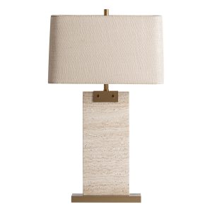 Lámpara de sobremesa Lahen de estilo art deco, fabricado en travertino en color beige, combinado con hierro en color oro y rafia en color crema. Producto desmontable.