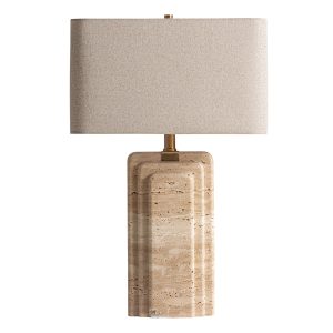 Lámpara de sobremesa Kandern de estilo art deco, fabricado en mármol en color marrón, combinado con hierro en color oro y fibra natural en color beige. Producto desmontable.