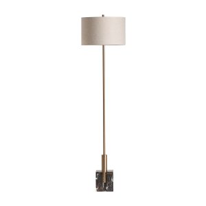 Lámpara de pie Saholy de estilo art deco, fabricado en mármol en color tonos oscuros, combinado con hierro en color oro y fibra natural en color beige. Producto desmontable.