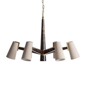Lámpara de colgar Wale de estilo art deco, fabricado en mármol en color tonos oscuros, combinado con hierro en color oro y fibra natural en color beige. Producto desmontable.
