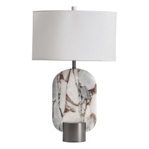 Lámpara de sobremesa Dilash de estilo art deco, fabricado en mármol en color blanco, combinado con hierro en color negro y algodón en color blanco roto. Producto desmontable.