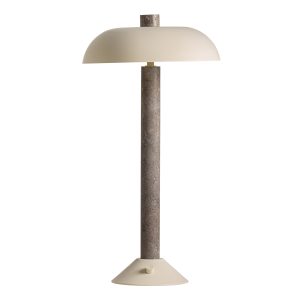 Lámpara de sobremesa Balhsa de estilo art deco, fabricado en mármol en color tonos neutros, combinado con hierro en color crema. Producto desmontable.