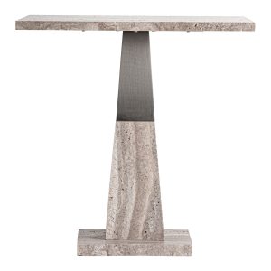 Mesa auxiliar Gozd de estilo contemporáneo, fabricado en mármol en color tonos neutros, combinado con hierro en color plata con acabado mate. Producto desmontable.