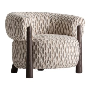 Sillón Tiffen de estilo contemporáneo, fabricado en poliéster en color tonos neutros, combinado con madera de fresno en color wengué y espuma en color blanco.
