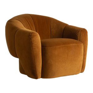 Sillón Mahr de estilo contemporáneo, fabricado en poliéster en color camel, combinado con madera de pino en color marrón y espuma en color blanco.