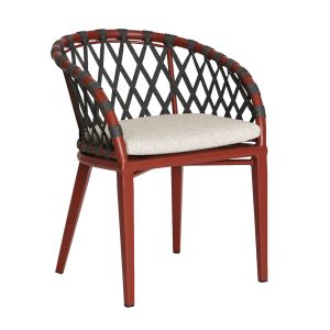 Silla Mosnay de estilo contemporáneo, fabricado en poliéster en color beige, combinado con aluminio en color rojo.