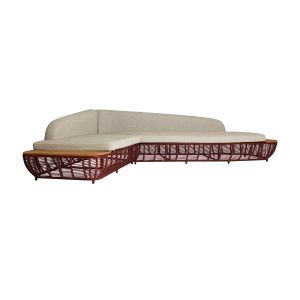 Sofá modular Mosnay de estilo contemporáneo, fabricado en poliéster en color beige, combinado con aluminio en color rojo y madera de teka en color roble.