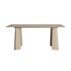 Mesa comedor Latky de estilo contemporáneo, fabricado en piedra sinterizada en color blanco roto, combinado con fibra de vidrio en color gris con acabado rugoso. Producto desmontable.
