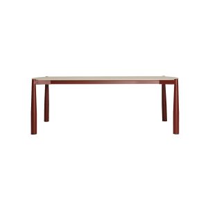 Mesa comedor Mosnay de estilo contemporáneo, fabricado en piedra sinterizada en color crema, combinado con aluminio en color rojo. Producto desmontable.