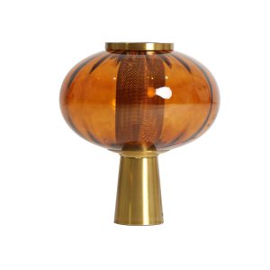 Lámpara de sobremesa Slavec de estilo contemporáneo, fabricado en vidrio en color ambar, combinado con hierro en color dorado.