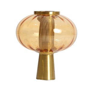 Lámpara de sobremesa Slavec de estilo contemporáneo, fabricado en vidrio en color marrón, combinado con hierro en color dorado. Producto desmontable.