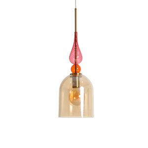 Lámpara de colgar Hodek de estilo contemporáneo, fabricado en vidrio en color ambar en color rojo y hierro en color dorado. Producto desmontable.