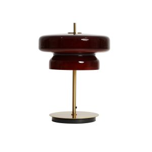 Lámpara de sobremesa Detva de estilo contemporáneo, fabricado en vidrio en color burdeos, combinado con hierro en color dorado. Producto desmontable.