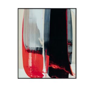Cuadro Nelly de estilo contemporáneo, fabricado en vidrio en color rojo, combinado con aluminio en color negro y madera de pino en color marrón.