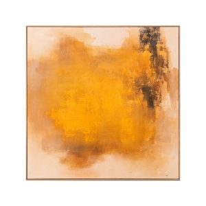 Cuadro Langon de estilo contemporáneo, fabricado en lienzo en color amarillo, combinado con madera de pino en color marrón.