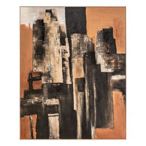 Cuadro Heftrich de estilo contemporáneo, fabricado en lienzo en color tonos oscuros, combinado con madera de pino en color marrón claro.